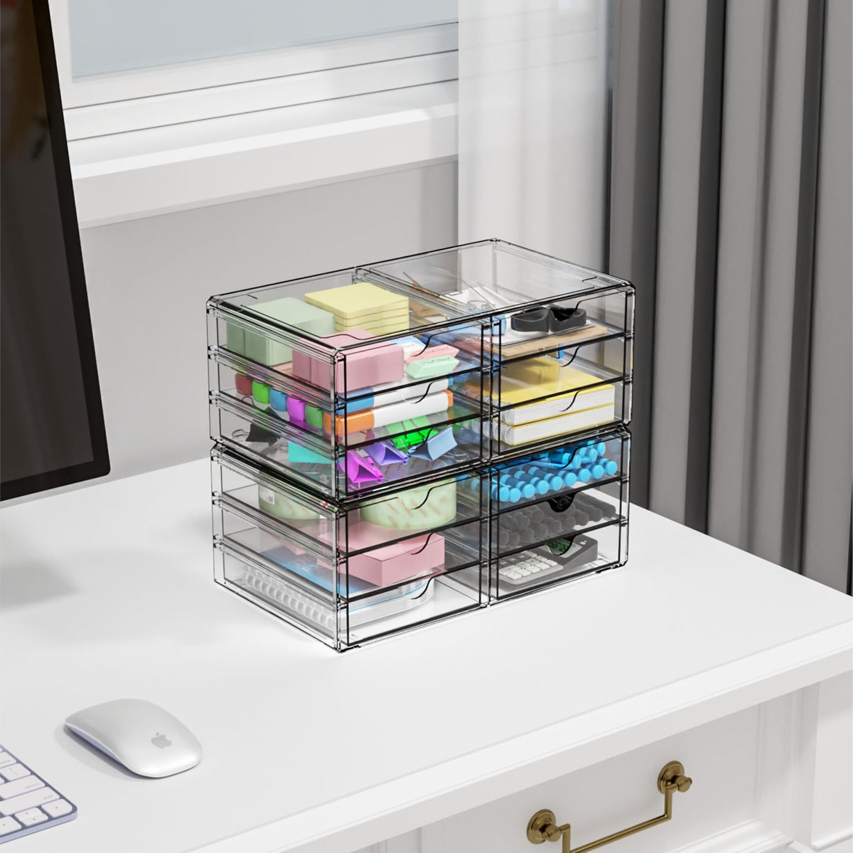 2 Pack Acrylic Storage Drawers With 12 Small Drawer,Stackable Office Cabinet