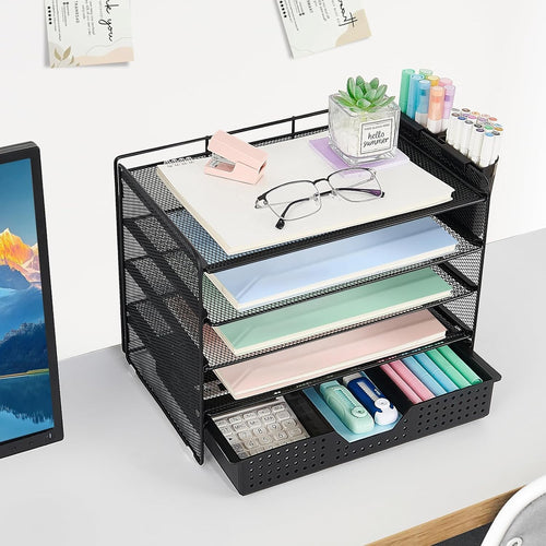 Desk Organizer with Drawer & 5-Tier Paper Letter Tray
